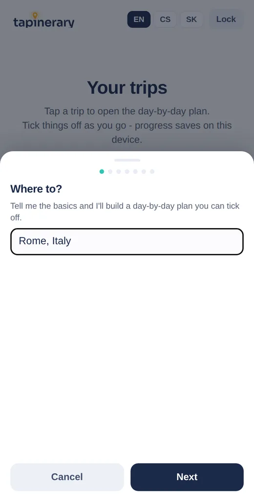 The Tapinerary wizard asking where to, with Rome typed in