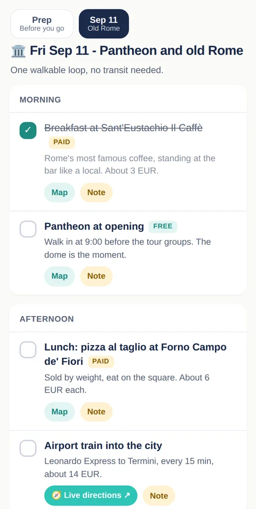 A finished Rome day with tickable stops, FREE and PAID tags, map buttons and a live transit directions button
