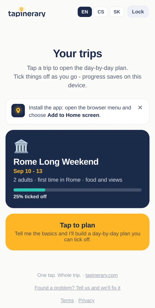 The trips screen showing the Rome trip card with a shared progress bar